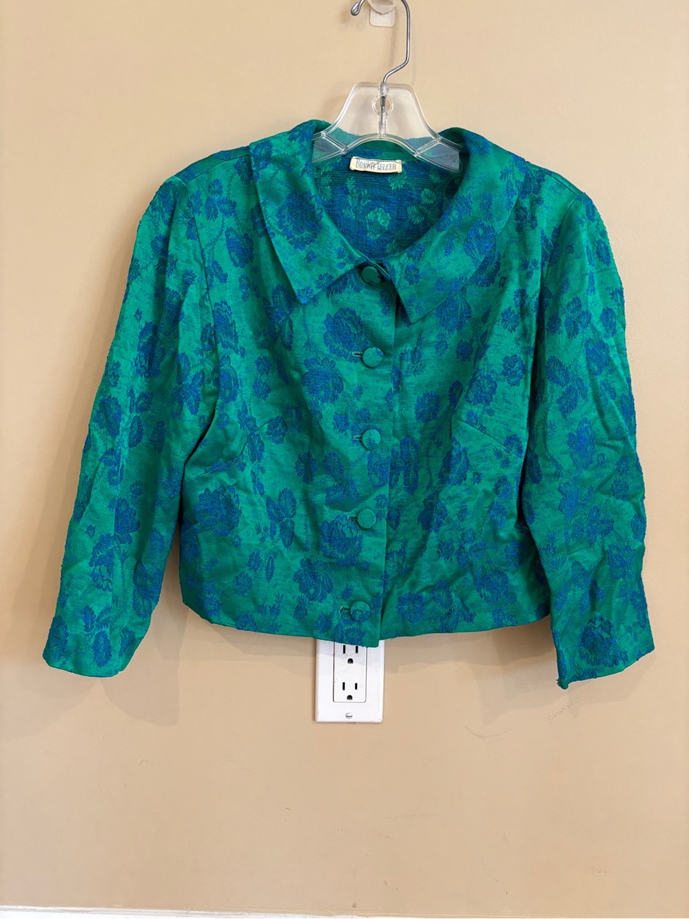 Vintage Bonwit Teller Green Blue Brocade Cropped Jacket